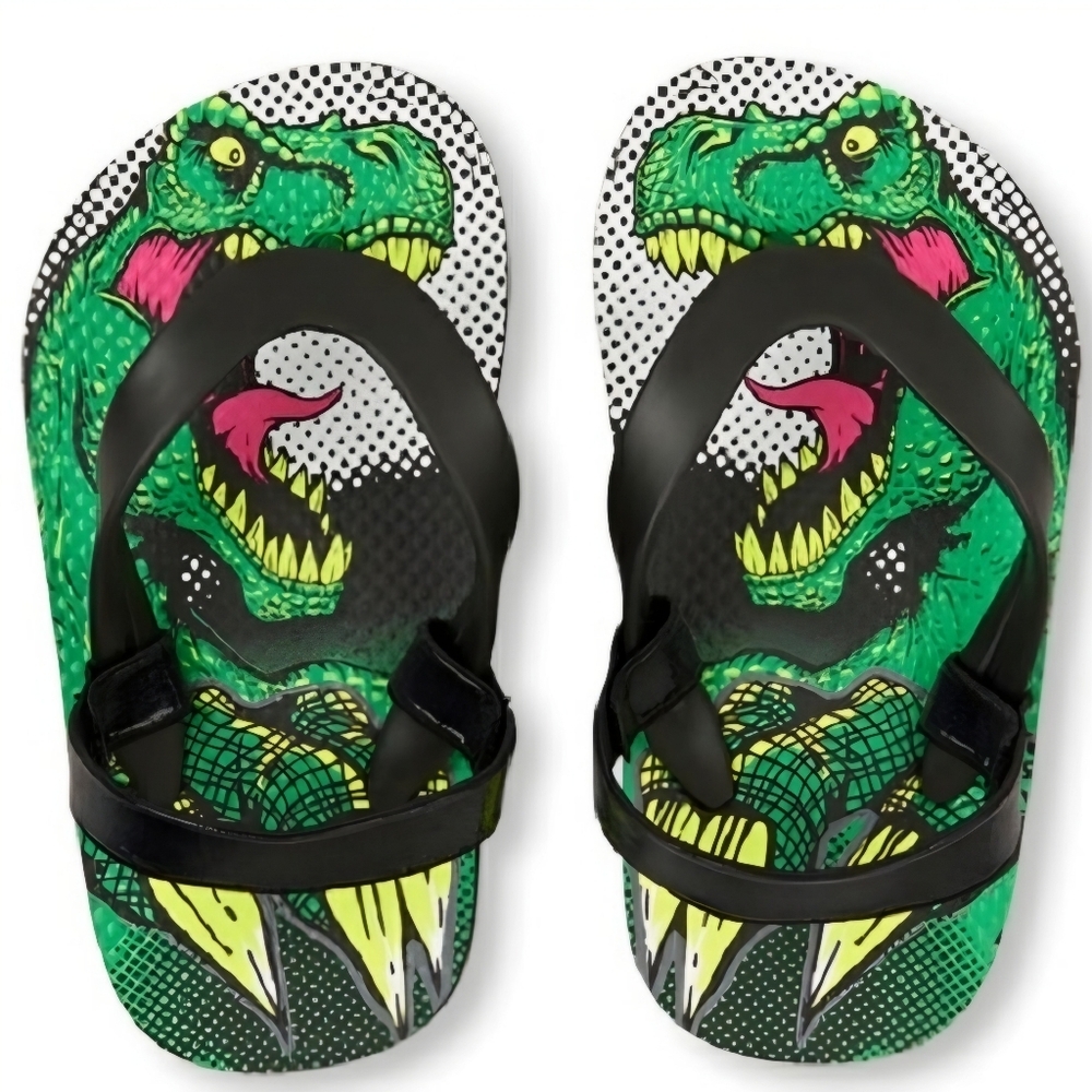 Children’s Place ✦ Dino Graphic Flip Flops ✦ Foam Sandals Green Black T6–T7